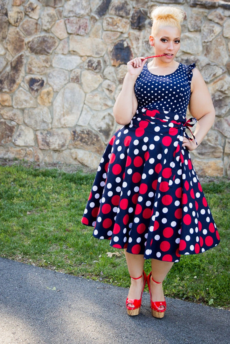 Plus Size Midi Skirt Navy Red and White Polka Dot plus size | Etsy