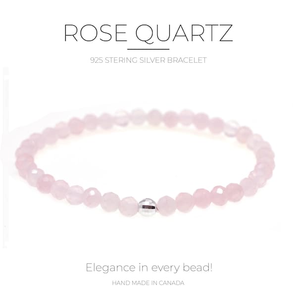 Handmade Rose Quartz Bracelet with 925 Sterling Silver Mirror Bead - 4mm Beads