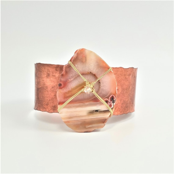 Red Banded Agate on Hammered Copper Cuff Bracelet