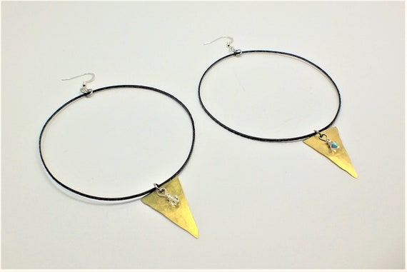 Extra Large Blackened Brass Hoops with Hammered Brass Triangle Earrings
