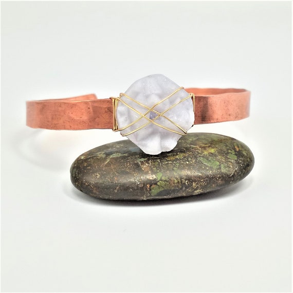 Dainty Blue Lace Agate on Hammered Copper Cuff Bracelet