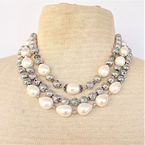 Statement by Dwyer! Triple strand-Extra large Cultured south sea pearls-electroplated agate necklace