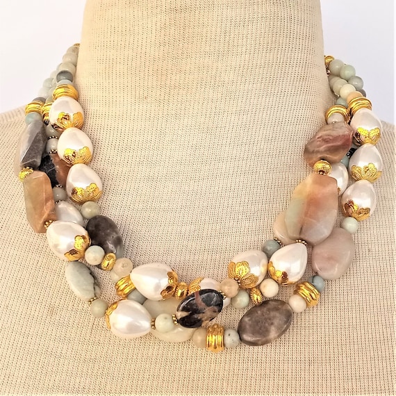 Statement by Dwyer! Triple Layer Amazonite & South Sea Pearl Necklace