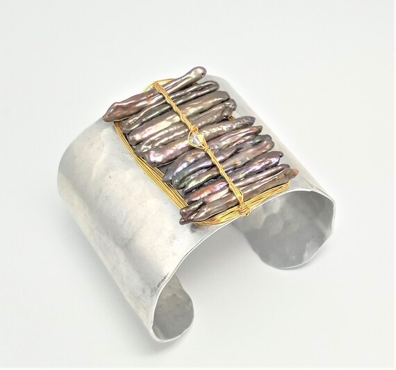 Iridescent Coffee Freshwater Stick Peal Cuff Bracelet