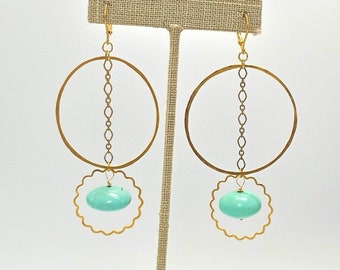 Tibetan Turquoise Brass Long Dangle Earrings