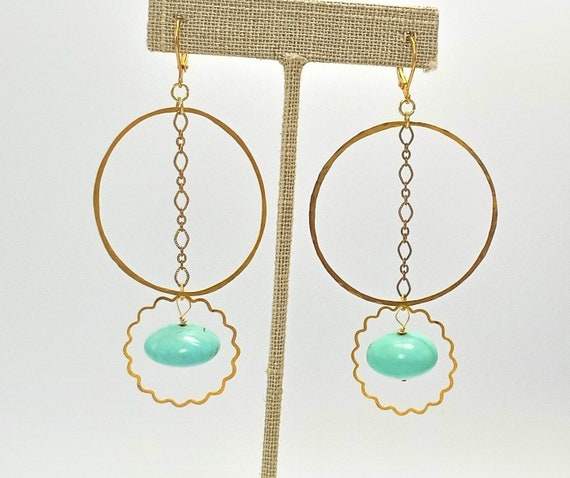 Tibetan Turquoise Brass Long Dangle Earrings