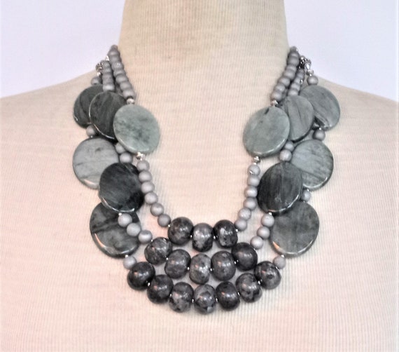 Statement by Dwyer! Triple layer Larvikite, Silver Druzy Agate, Cats Eye Agate Necklace