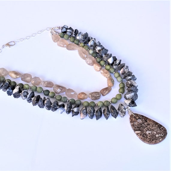 Statement by Dwyer! Triple Layer Onyx Geode, Jade, Rutilated Quartz and Turritella Fossil Agate Pendant Necklace