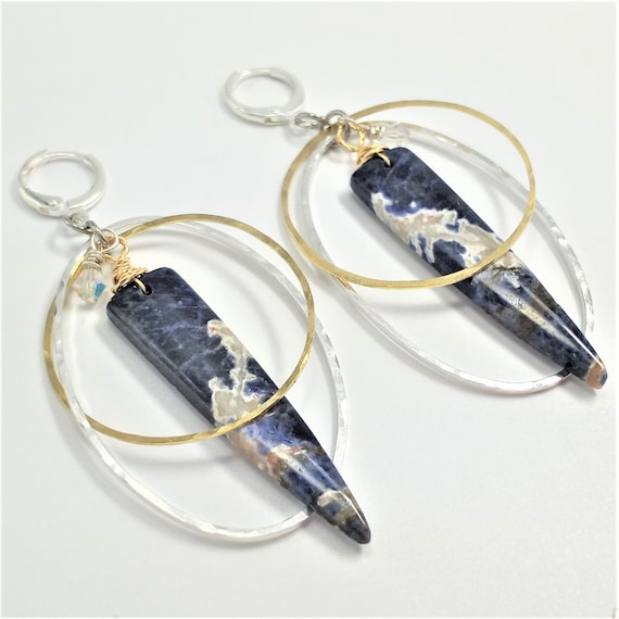 Natural Blue Veined Sodalite Spike Dangle Earrings