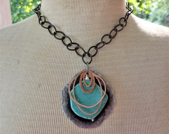 Turquoise Slab-Rose Gold-Copper-Hammered Black Aluminum-Bold Chain Necklace