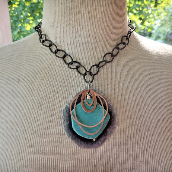 Turquoise Slab-Rose Gold-Copper-Hammered Black Aluminum-Bold Chain Necklace