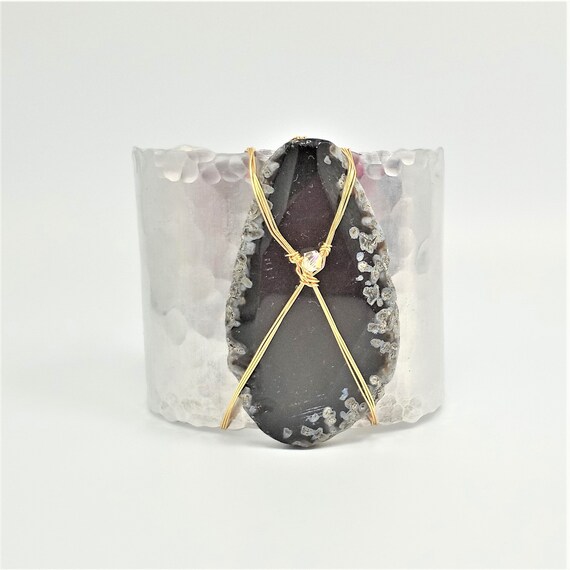 Huge Slab of Natural Black Agate on Wide Cuff Bracelet
