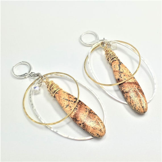 Desert Jasper Silver Brass Dnagle Earrings