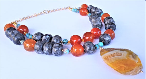 Statement by Dwyer! Double strand-Carnelian, Larvikite, Turquoise and Banded Golden Agate Pendant Necklace