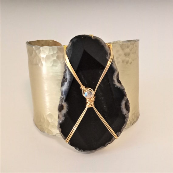 Extra Large Black Agate Golden Cuff Bracelet Bangle