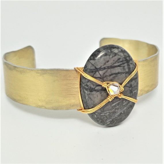 Gray/Black Matrix Larvikite Gemstone Cuff Bracelet