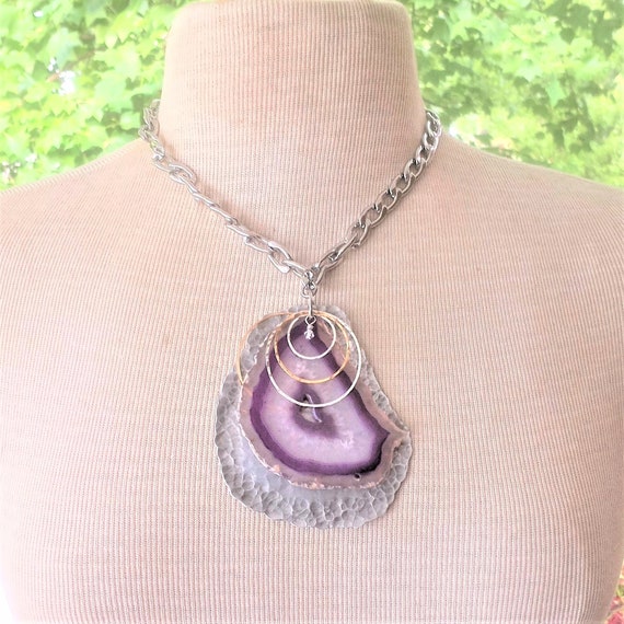 Freeform Slab of Purple Agate Pendant Necklace