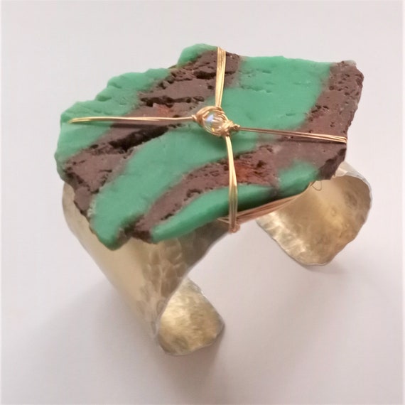 Huge Raw slice of Chrysoprase on Wide Cuff Bracelet