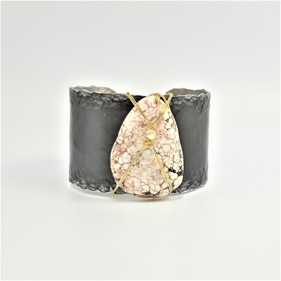 White Turquoise on Hammered Black Cuff Bracelet