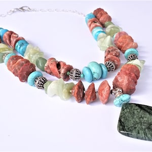 Statement by Dwyer! Big & Bold! Southwest style Tibetan turquoise, rhodolite, jade, moss agate double strand necklace