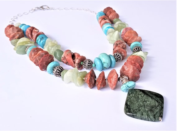 Statement by Dwyer! Big & Bold! Southwest style Tibetan turquoise, rhodolite, jade, moss agate double strand necklace