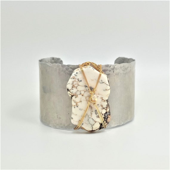 White Turquoise on Hammered Cuff Bracelet