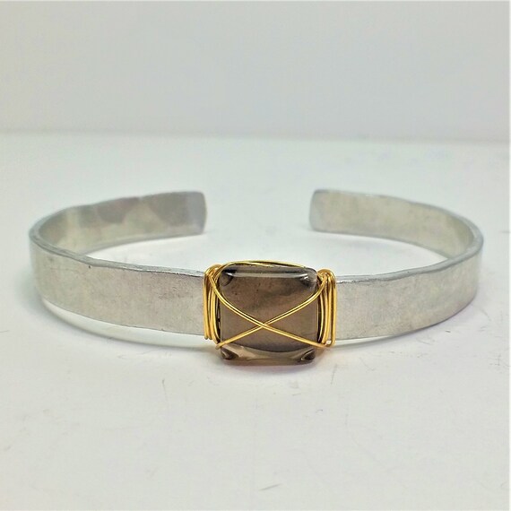 Dainty Smoky Quartz Wire Wrapped Cuff with Gold Wire and Hammered Hand Cut Lightweight Aluminum