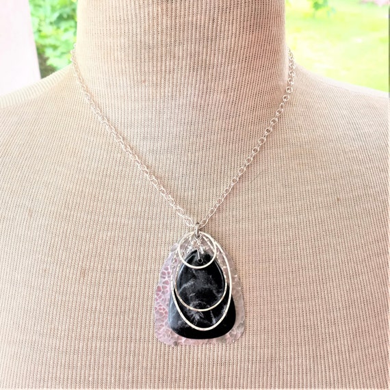 Black Agate with Silver Veining Pendant Necklace