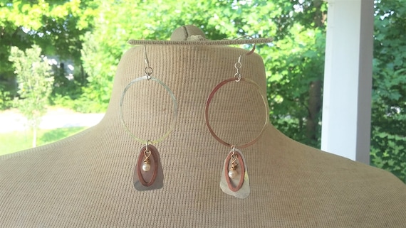 Hammered Silver Copper Aluminum Dainty Pearl Earrings