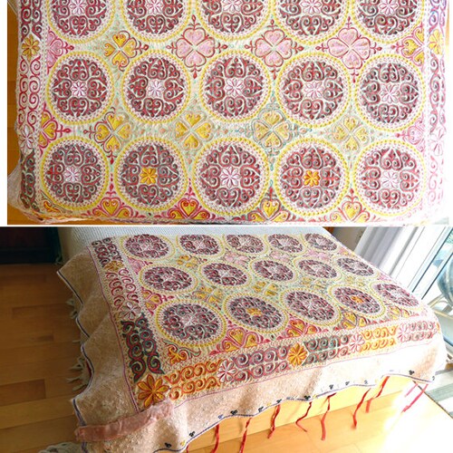 Authentieke Vintage 80's, Hand geborduurd, Rood Geel Bloemen Mandala, Roze Border Wandtapijt, Unieke Plaid, Bed cover Daybed, Day Bed 50" X 80"