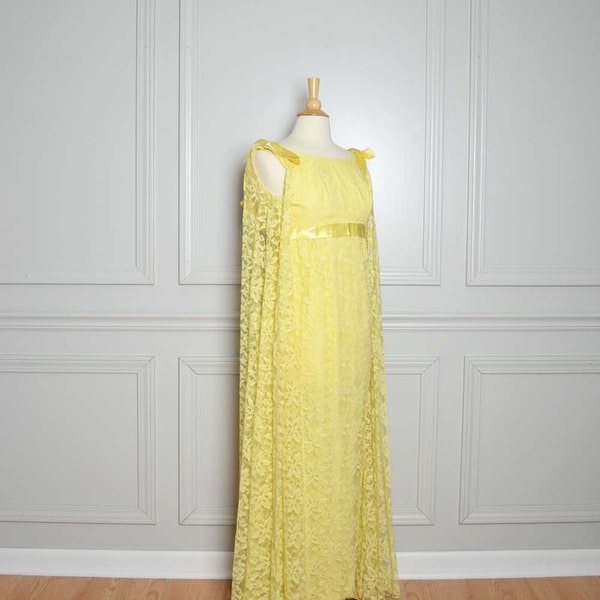 SALE Dress Gown Yellow 50s Empire Waist Lace Mad Men Betty Draper Vintage Extra Small / Small