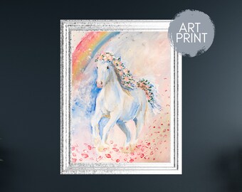 Rainbow Horse Nursery Wall Art, Girl Room Decor, Whimsical Art Print