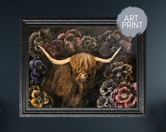 Highland Cow Print, Animal Portrait, Floral Art, Bold Botanical Wall Art