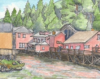 Puede incluir: Una acuarela que representa una hilera de edificios rojos y beige construidos sobre pilotes de madera sobre el agua, conectados por una pasarela de madera. Un denso bosque de pinos verdes se alza al fondo. Las iniciales y 2026 son visibles.