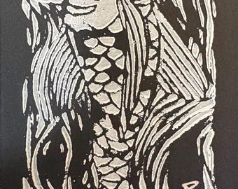 Original Koi Linocut Print, Miniature Pond Art, Hand Pulled Block (2.5 x 3.5 inches)