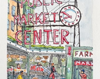 Puede incluir: Una ilustración en acuarela del letrero Public Market Center en Seattle, Washington. La obra presenta el icónico letrero rojo, un reloj grande y una escena de mercado concurrida con personas y un perro pequeño de color marrón.