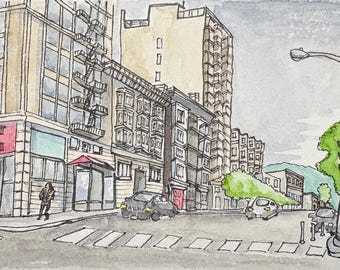 Lámina de acuarela del centro de San Francisco, arte urbano tipo boceto ACEO (2,5 x 3,5 pulgadas)