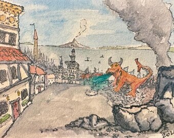 Puede incluir: Una ilustración en acuarela que representa un paisaje urbano de fantasía con un edificio de varios pisos a la izquierda, un volcán distante y una criatura naranja con cuernos que exhala fuego verde en primer plano. Firmado y fechado en 2026.
