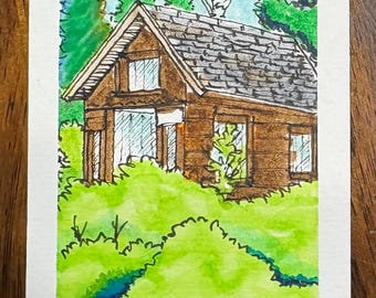 Original Ruined Outhouse Drawing | Rustic Ink Marker Miniature ACEO (2.5 x 3.5 in)