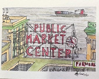 Puede incluir: Una ilustración en acuarela y tinta del letrero Public Market Center. Las letras rojas están sobre un marco de metal con un reloj, frente a un puerto gris con un buque de carga. La escena incluye tejados de edificios y la palabra Farmers.