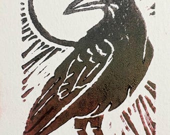 Original Crow Linocut Print – Hand Pulled Block Art, Gothic Bird ACEO (2.5 x 3.5 inches)