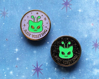 Just Visiting Martian Kitty Glow in the Dark - Hard Enamel Pin - Alien Cat Space Glitter