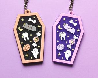 Kawaii Coffin Translucent PVC Keychain - Orange + Black or Pink + Purple