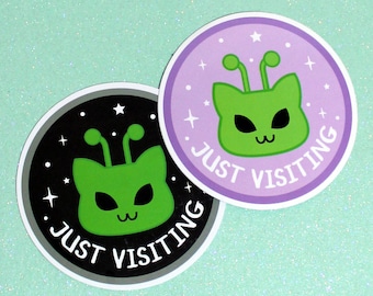 Martian Kitty Just Visiting Vinyl Sticker - Water Resistant Cat Alien Sticker