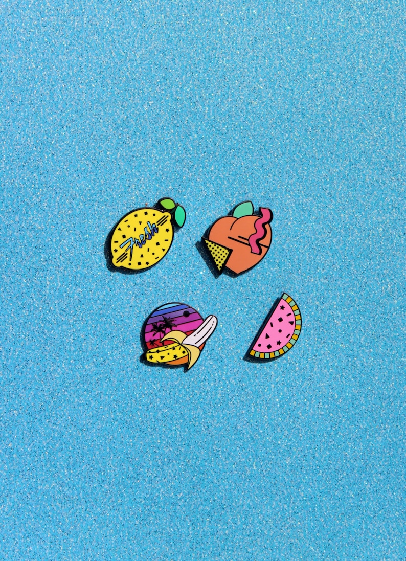 Ready To Ship Fresh /& Fruity Enamel Pin Collection Watermelon Peach Banana Lemon 80s 90s Confetti Memphis Style