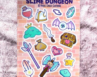 Slime Dungeon Sticker Sheet - Slime Prince Mimic Puppy Teddy Bear Axe RPG Potion Monster Vinyl Stickers