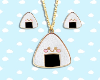 Gioielli Kawaii Onigiri Rice Ball - Smalto duro con orecchini pendenti glitterati