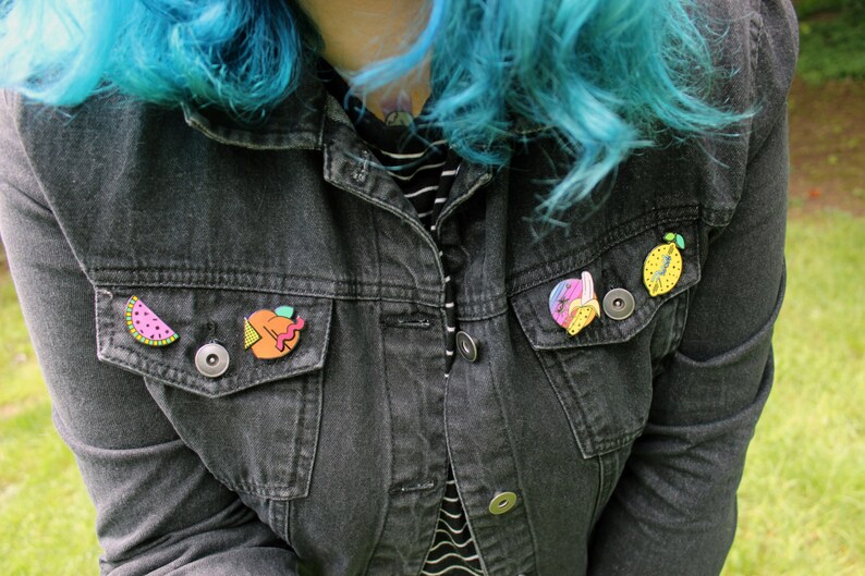 Ready To Ship Fresh /& Fruity Enamel Pin Collection Watermelon Peach Banana Lemon 80s 90s Confetti Memphis Style
