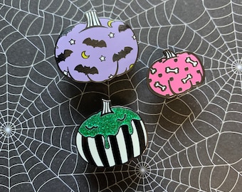 2021 Version - Pastel Goth Halloween Pumpkin Enamel Pin Set or Individual - Bats Bones Slime Glitter Hard Enamel Pins