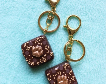 Cookie Dough Brownie Bites with Gold Paw Decorations - Cat Themed Chocolate Square Key Chain or Bag Charm